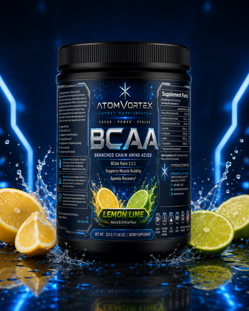 BCAA supplement tub with back label, black and blue, lemon lime flavor