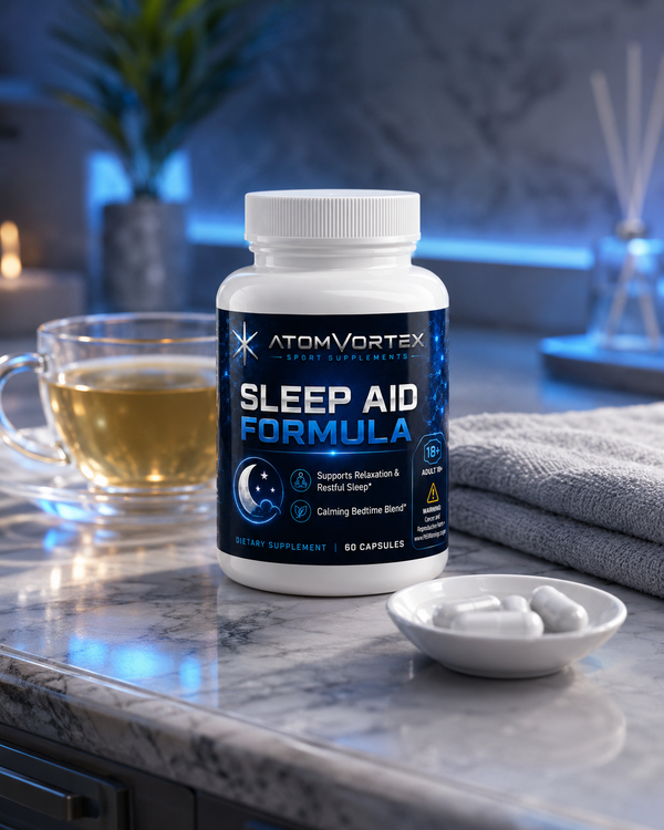Sleep Aid Formula supplement bottle with capsules and glass on countertop