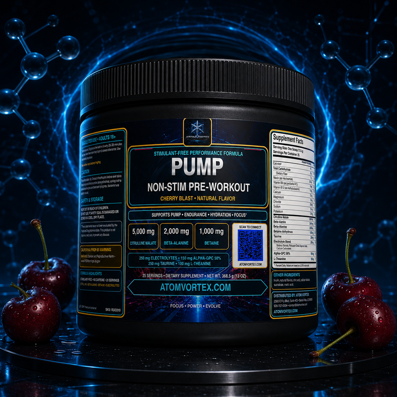 Black pre-workout supplement container with Pump label and red cherries, blue atom backdrop