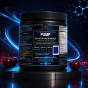 Black pre-workout supplement container with Pump label and red cherries, blue background