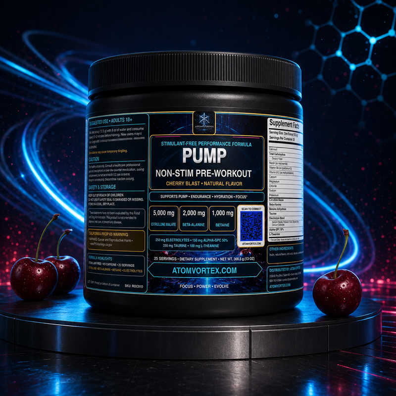 Black pre-workout supplement container with Pump label and red cherries, blue background