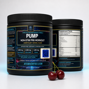 Two black pre-workout supplement containers with Pump labels and red cherries on white surface