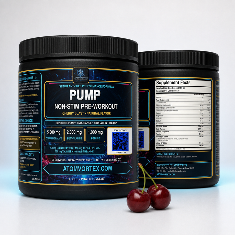 Two black pre-workout supplement containers with Pump labels and red cherries on white surface