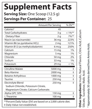 Supplement Facts panel on non-stim pre-workout supplement container, serving info