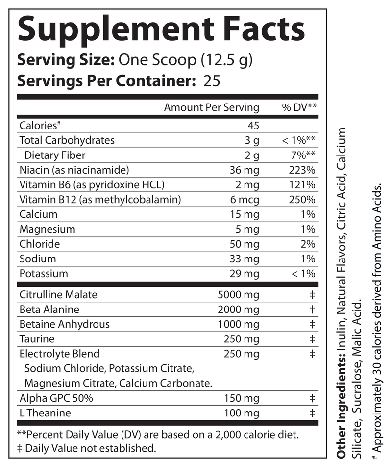 Supplement Facts panel on non-stim pre-workout supplement container, serving info