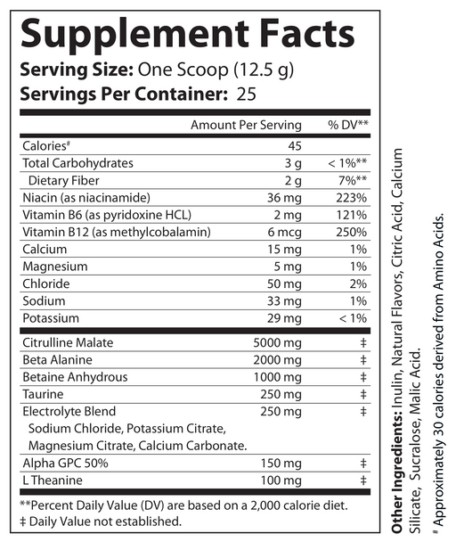 Supplement Facts panel on non-stim pre-workout supplement container, serving info