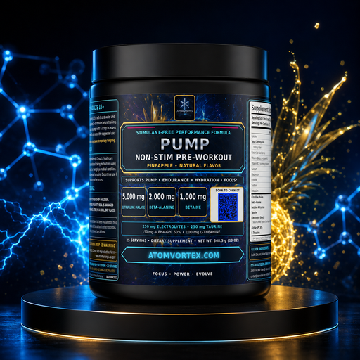 Non-stim pre-workout tub with black and blue 'PUMP' label