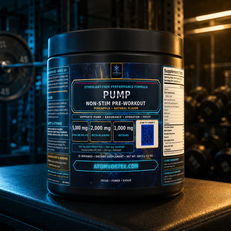 Non-stim pre-workout tub showing front label and Nutrition Facts panel