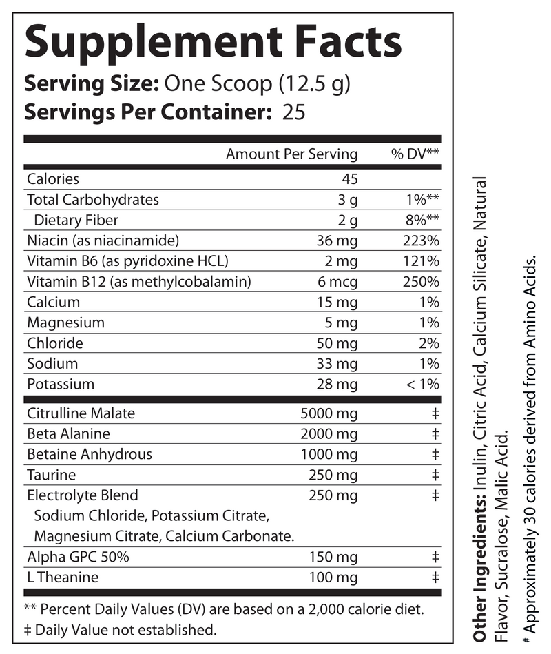 Supplement Facts panel for non-stim pre-workout powder