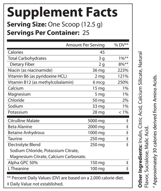 Supplement Facts panel for non-stim pre-workout powder