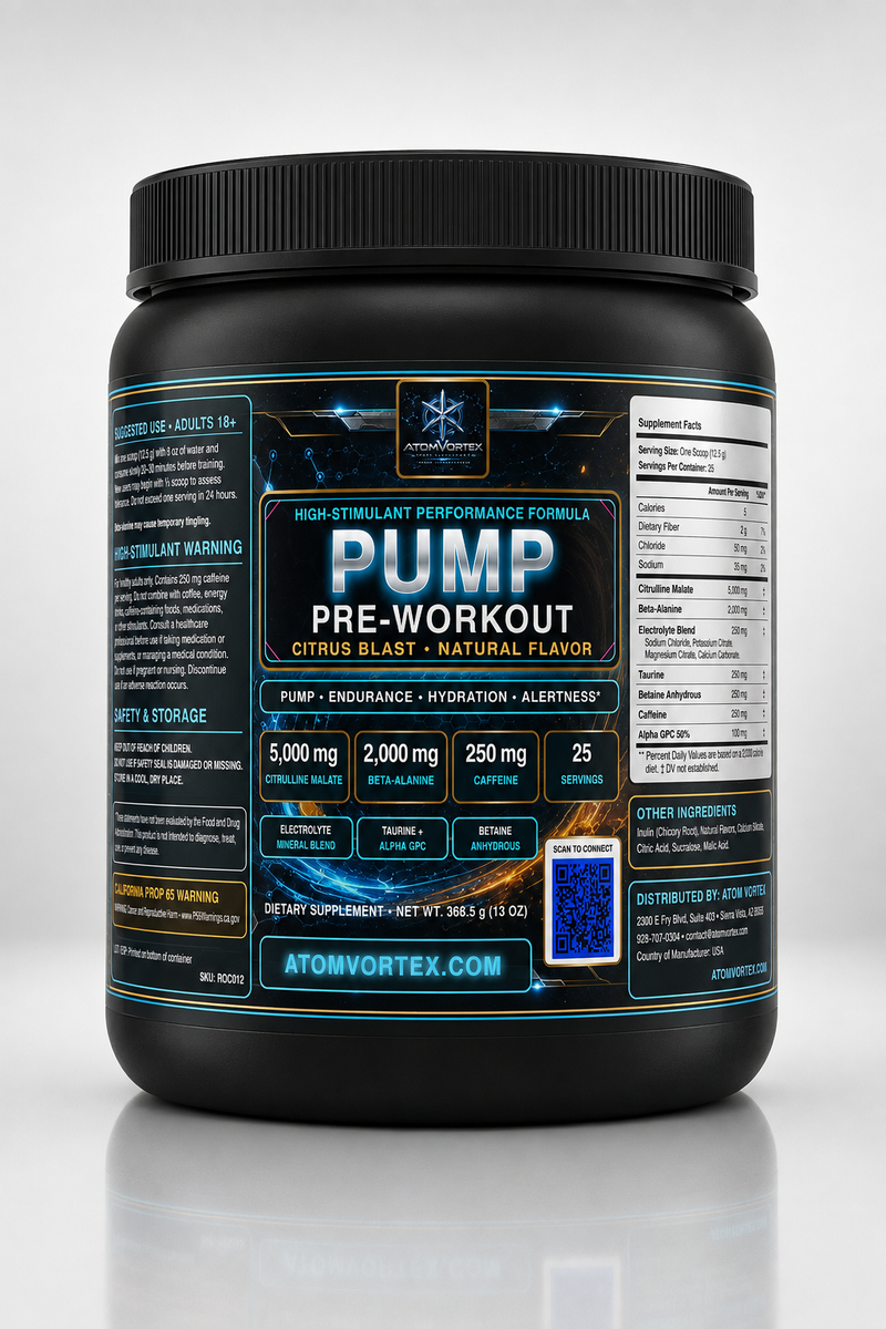 Citrus blast pre-workout supplement tub with black lid and nutrition panel