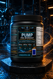 Pre-workout supplement tub with label panel and black screw-top lid