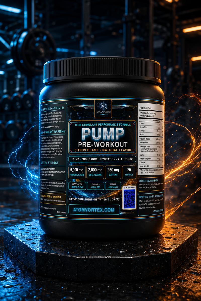 Pre-workout supplement tub with label panel and black screw-top lid