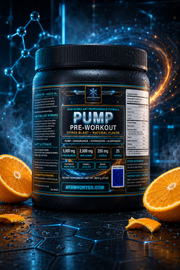 Pre-workout supplement tub with citrus flavor artwork and black screw-top lid