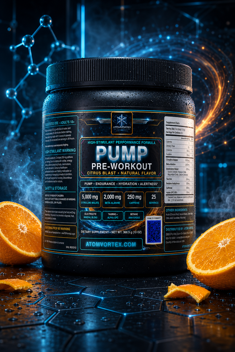 Pre-workout supplement tub with citrus flavor artwork and black screw-top lid