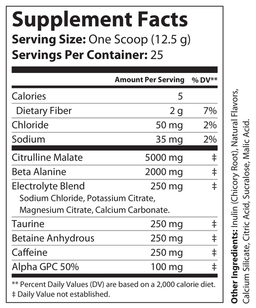Pre-workout supplement facts label with servings and ingredient list