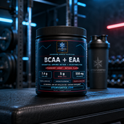 BCAA + EAA supplement bottle facing camera, strawberry candy flavor label
