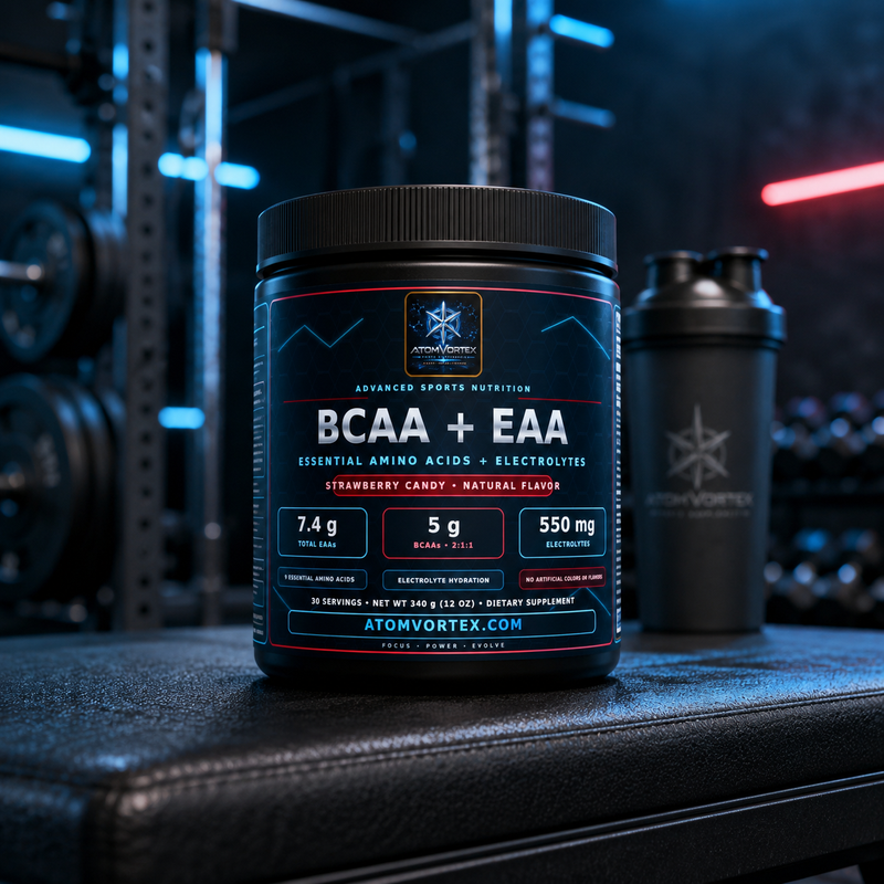 BCAA + EAA supplement bottle facing camera, strawberry candy flavor label