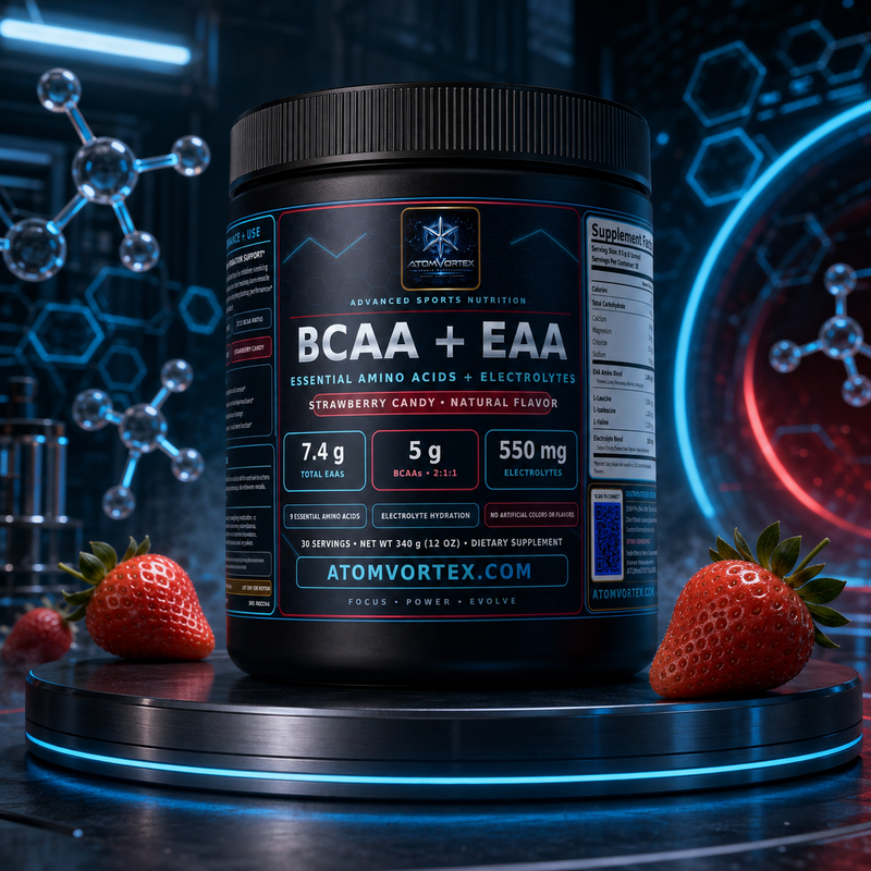 BCAA + EAA supplement bottle on pedestal with strawberry pieces and blue label