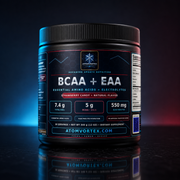 BCAA + EAA supplement bottle with strawberry candy flavor on blue and black label