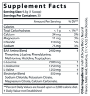 Supplement Facts panel with serving size 9.5 g and amino acid blend amounts