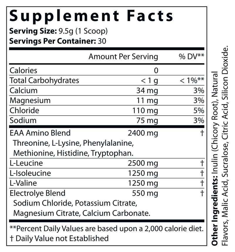 Supplement Facts panel with serving size 9.5 g and amino acid blend amounts