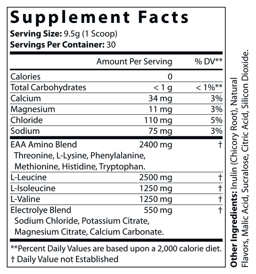 Supplement Facts panel with serving size 9.5 g and amino acid blend amounts