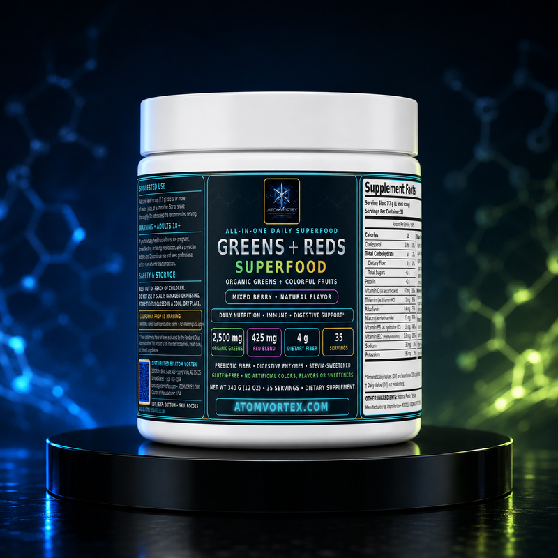 Atom Vortex Greens & Reds superfood powder jar with front label