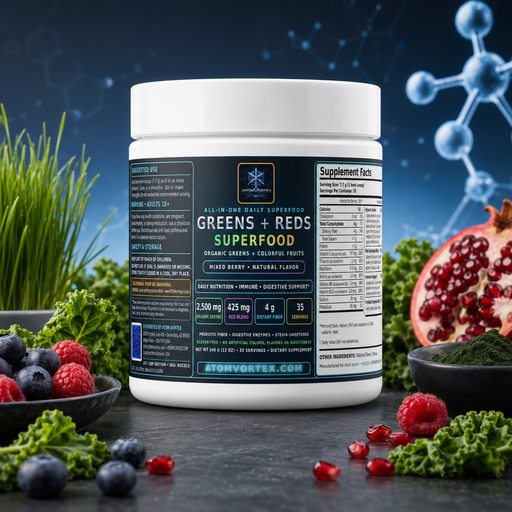 Atom Vortex Greens & Reds superfood powder tub with label front