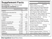 Supplement facts label for Atom Vortex Greens & Reds superfood powder