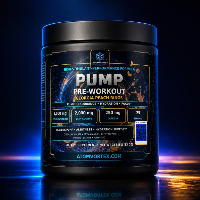 Pre-workout tub labeled PUMP Georgia Peach Rings, blue side graphics, 25 servings
