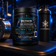 PUMP pre-workout tub with Georgia Peach Rings label, black lid, front label detail