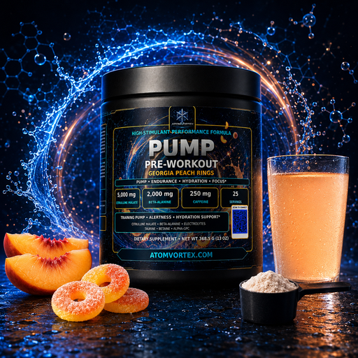 Pre-workout tub with Georgia Peach Rings flavor graphics, peach rings candy and scoop
