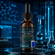 Front-facing amber bottle with black dropper cap, blue label