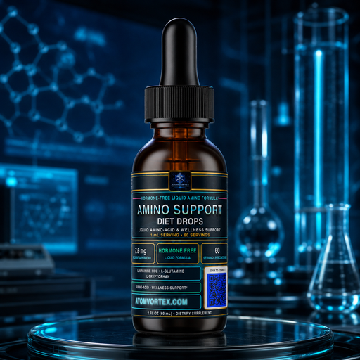 Front-facing amber bottle with black dropper cap, blue label