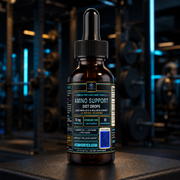 Amber bottle with black dropper cap and blue amino support label