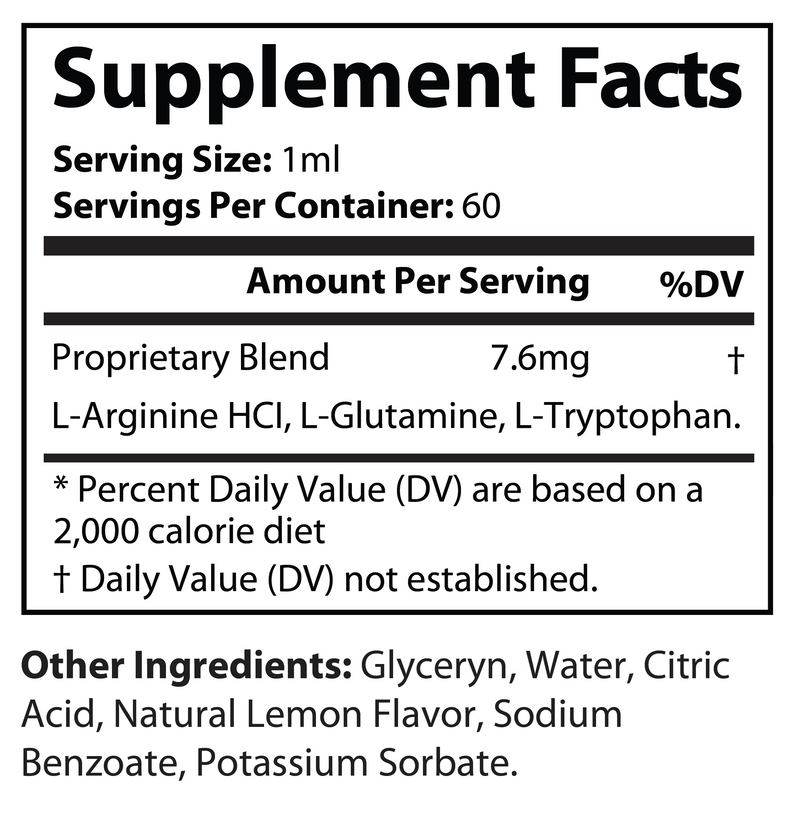 Supplement Facts panel with 1 ml serving size and proprietary blend
