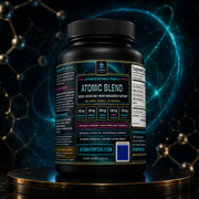 Supplement bottle back label with QR code and “Atomic Blend” ingredient information