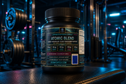 Supplement bottle back label with yellow “Caffeinated botanical formula” text and QR code