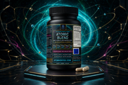 Black supplement bottle with white ribbed cap and “Atomic Blend” label