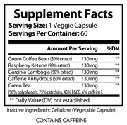 Supplement Facts label showing “Contains Caffeine” and inactive ingredient cellulose