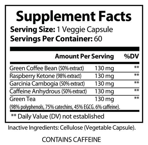 Supplement Facts label showing “Contains Caffeine” and inactive ingredient cellulose