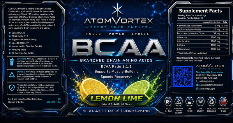 BCAA supplement label close-up, Supplement Facts panel and lemon lime