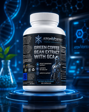 AtomVortex green coffee bean extract with GCA bottle back label, 60 capsules