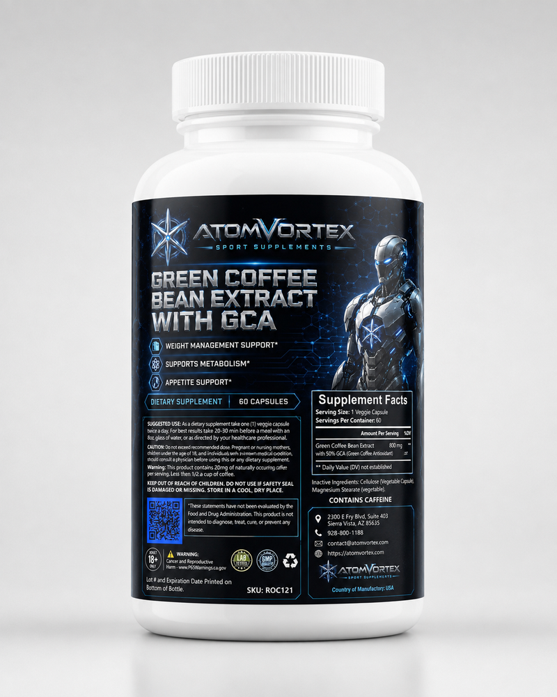 AtomVortex green coffee bean extract with GCA dietary supplement bottle, 60 capsules
