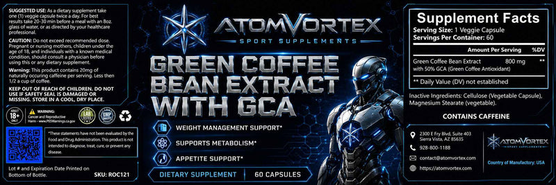 AtomVortex Green Coffee Bean Extract with GCA supplement facts, 60 capsules