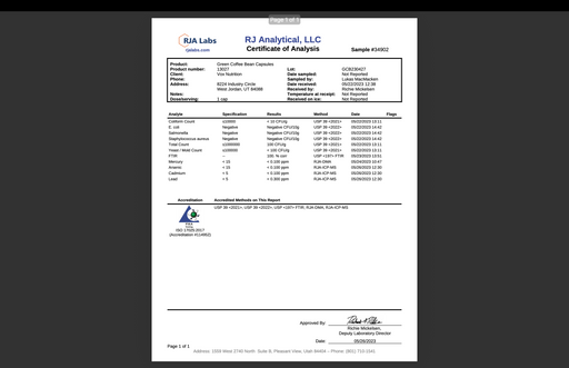 RJA Analytical certificate of analysis for Green Coffee Bean Extract with GCA