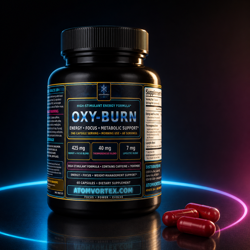 Energy supplement bottle with ribbed cap and red capsule pills beside it.