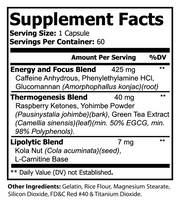Supplement Facts label listing energy and thermogenesis blend amounts per serving.