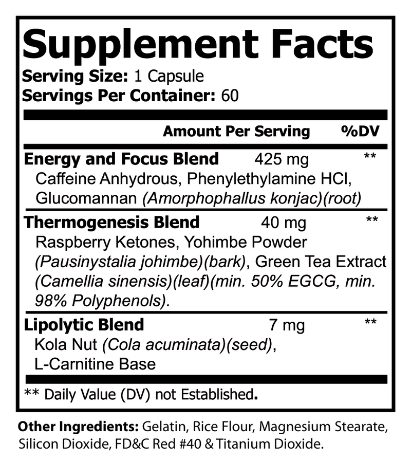 Supplement Facts label listing energy and thermogenesis blend amounts per serving.